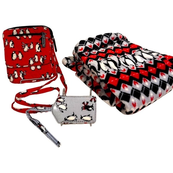 Vera Bradley Handbags - Vera Bradley Playful Penguins Red
& Gray Cozy Pants, Mini Hipster & Lug Tag Set